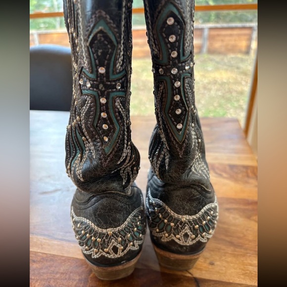 Corral A1048 Black Turquoise Wing Cross Studded Snip Toe Cowgirl Boots 9.5M - Picture 10 of 14